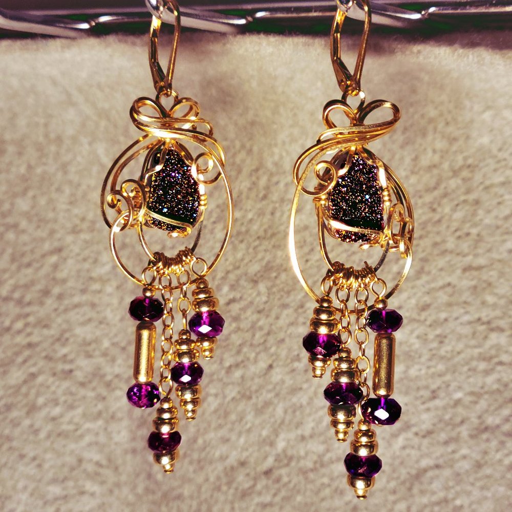 NEW 14K Gold Filled Druzy & Amethyst Crystals Earrings - Picture 1 of 2